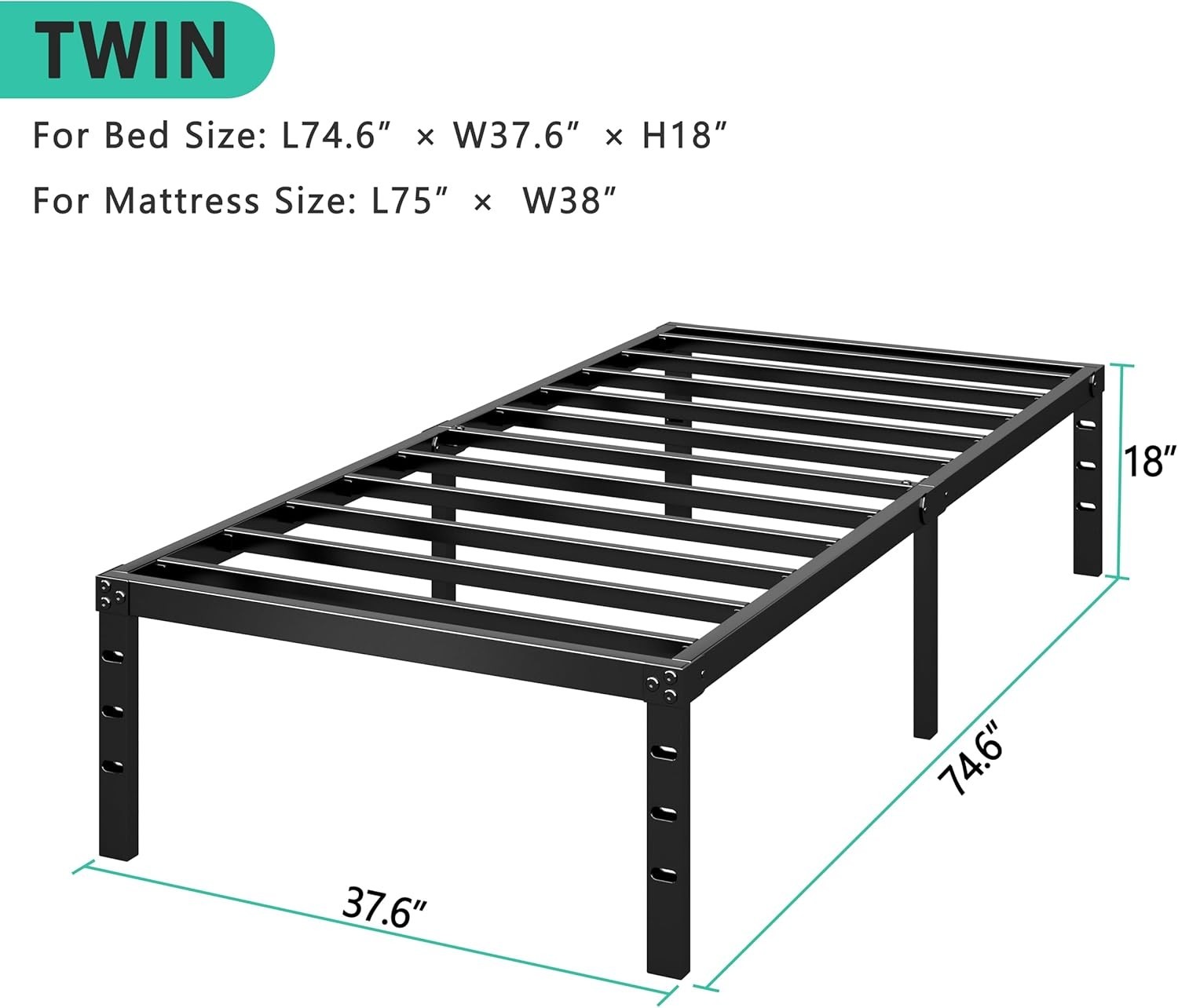 14 Inch Metal Platform Bed Frame Twin Size Heavy Duty Black HLIPHA Tall Spring