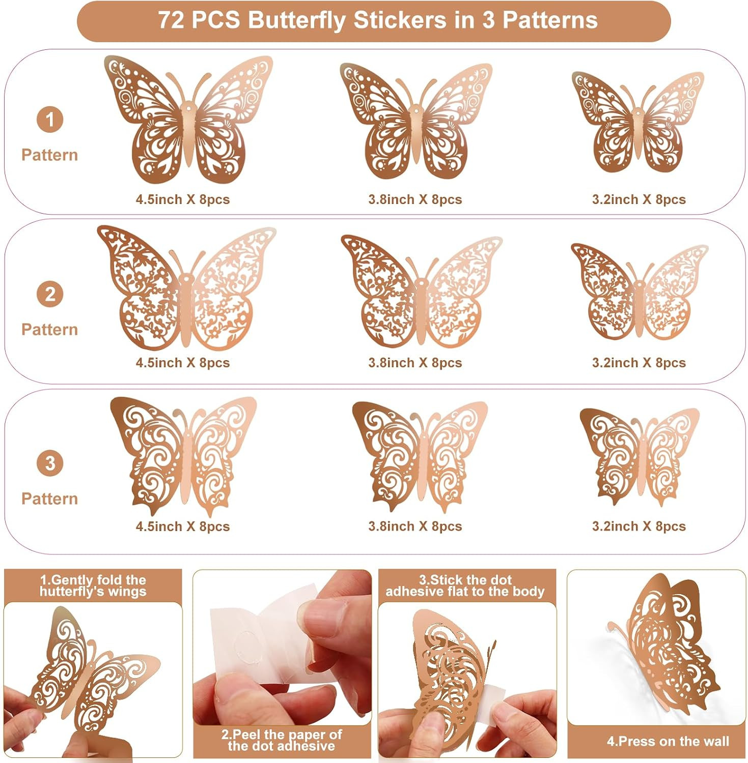 72 Pcs Rose Gold Butterfly Decorations, 3 Sizes 3 Styles, Wall Decor …