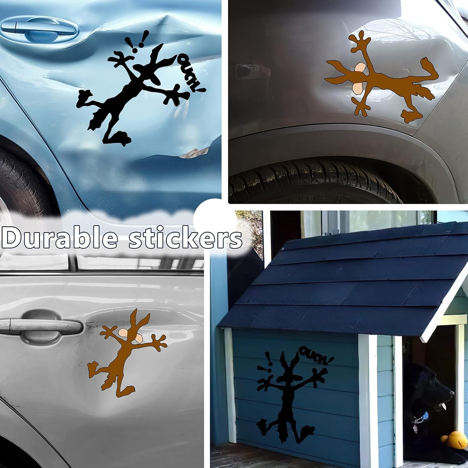2 Pcs 9.8″ 5.9″ Reflective Dent Fix Car Decal, Cartoon Coyote Splat Hitting Wall