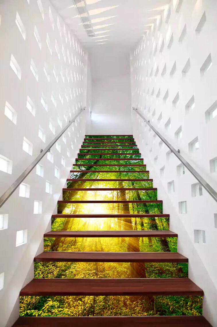 13pcs 3D Sunshine Green Forest Riser Decal Self-adhesive Staircase Stickers New