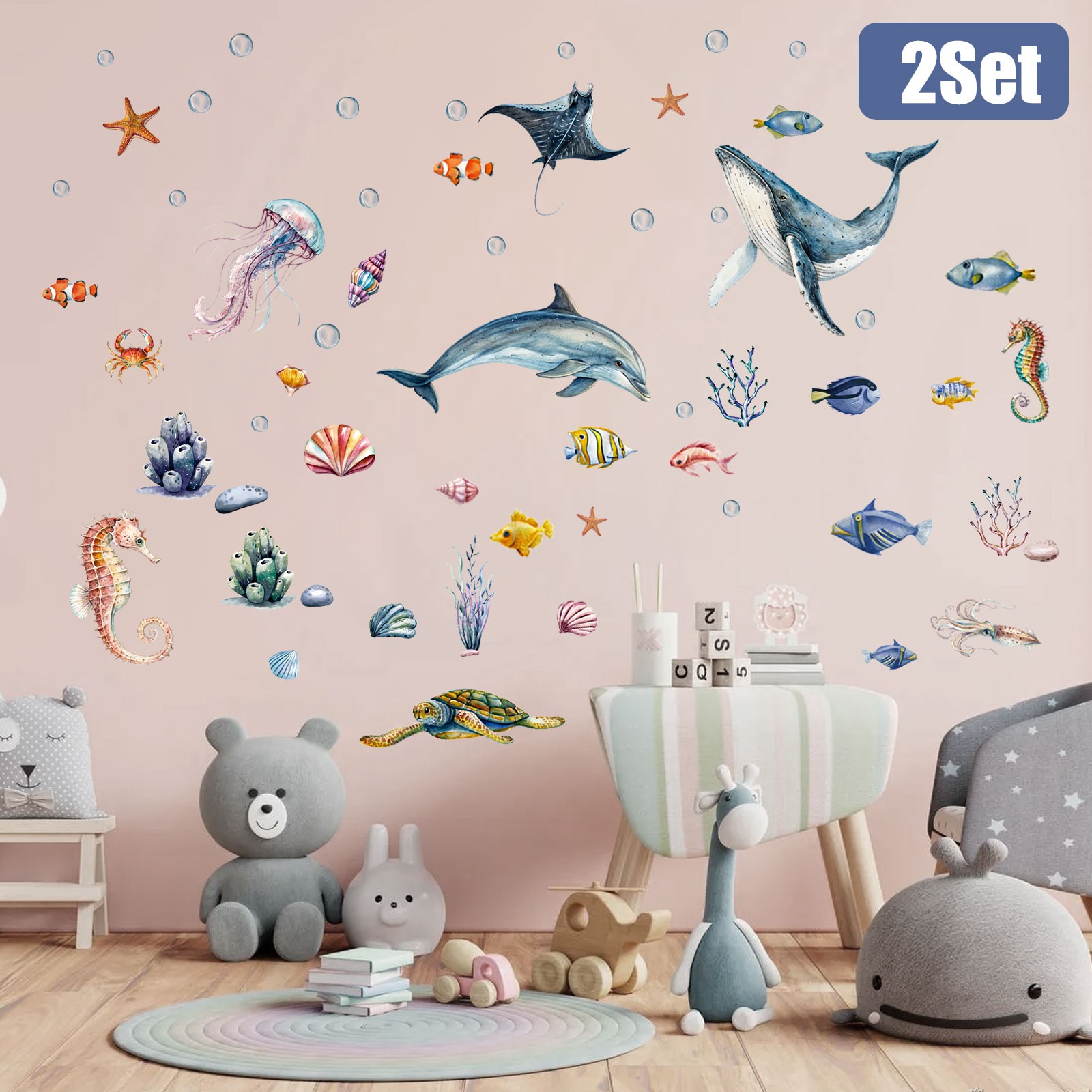 2PCS Marine Life Wall Decals Removable Ocean Stickers For Smooth Walls, Wardrobe