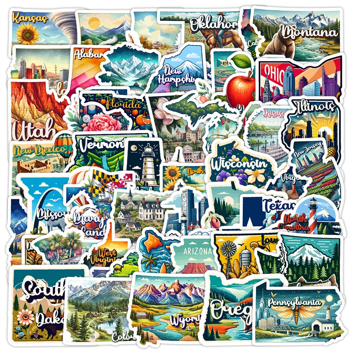 50 Pcs Stickers USA 50 States Clipart Travel City Luggage Auto Car Fridge Vinyl