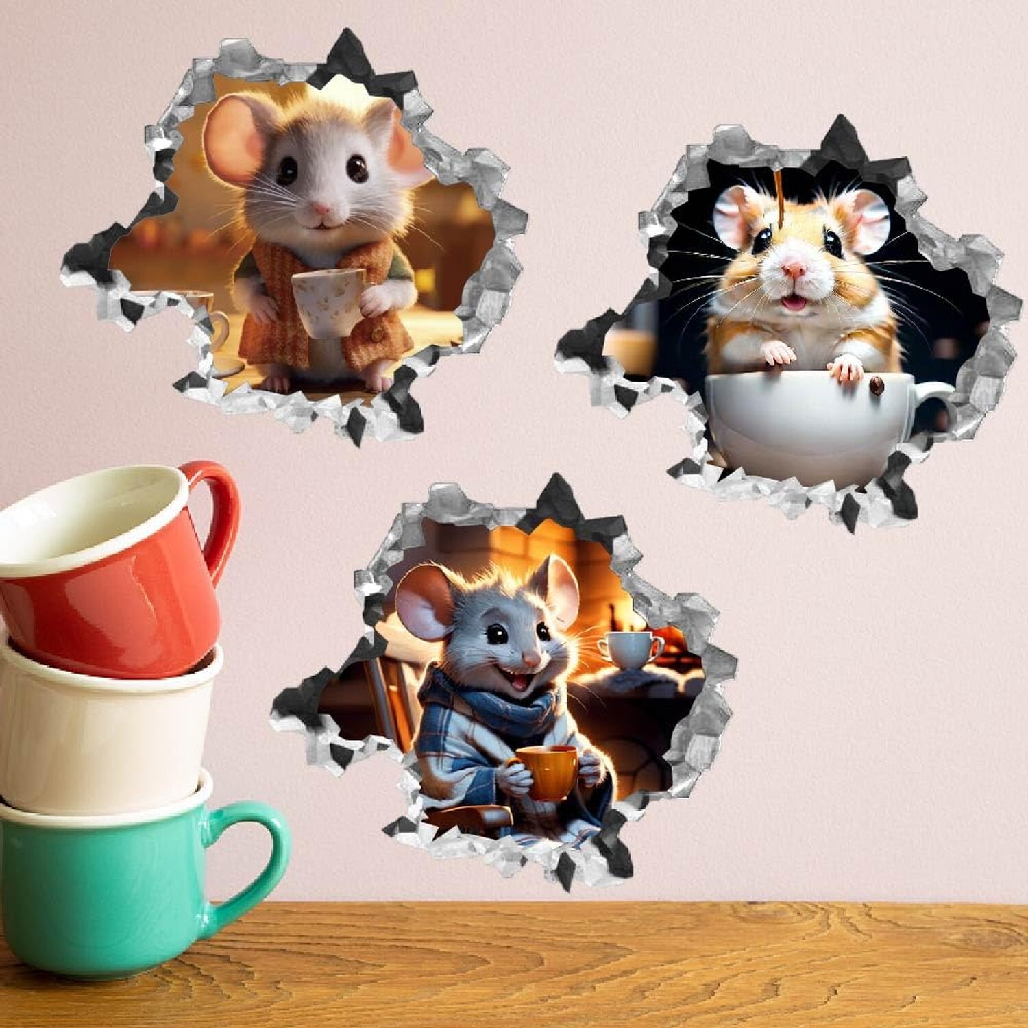 SUPERDANT 3D Mouse Hole Realistic Wall Sticker Mouse Coffee Decal Kids Room W…