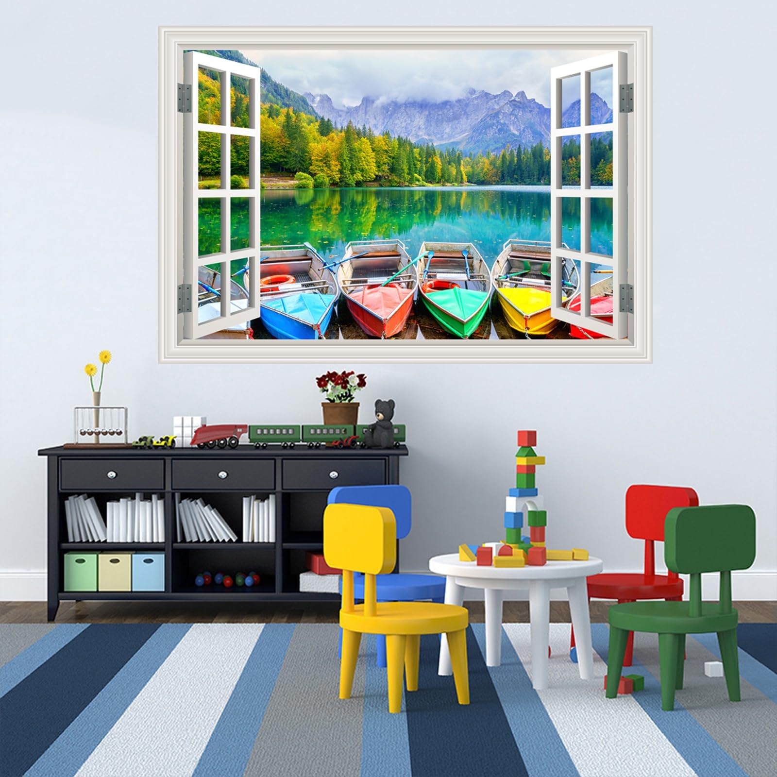 Fake Window Wall Mural Sticker Far Mountain Forest Lake Boat Decal Faux Windo…