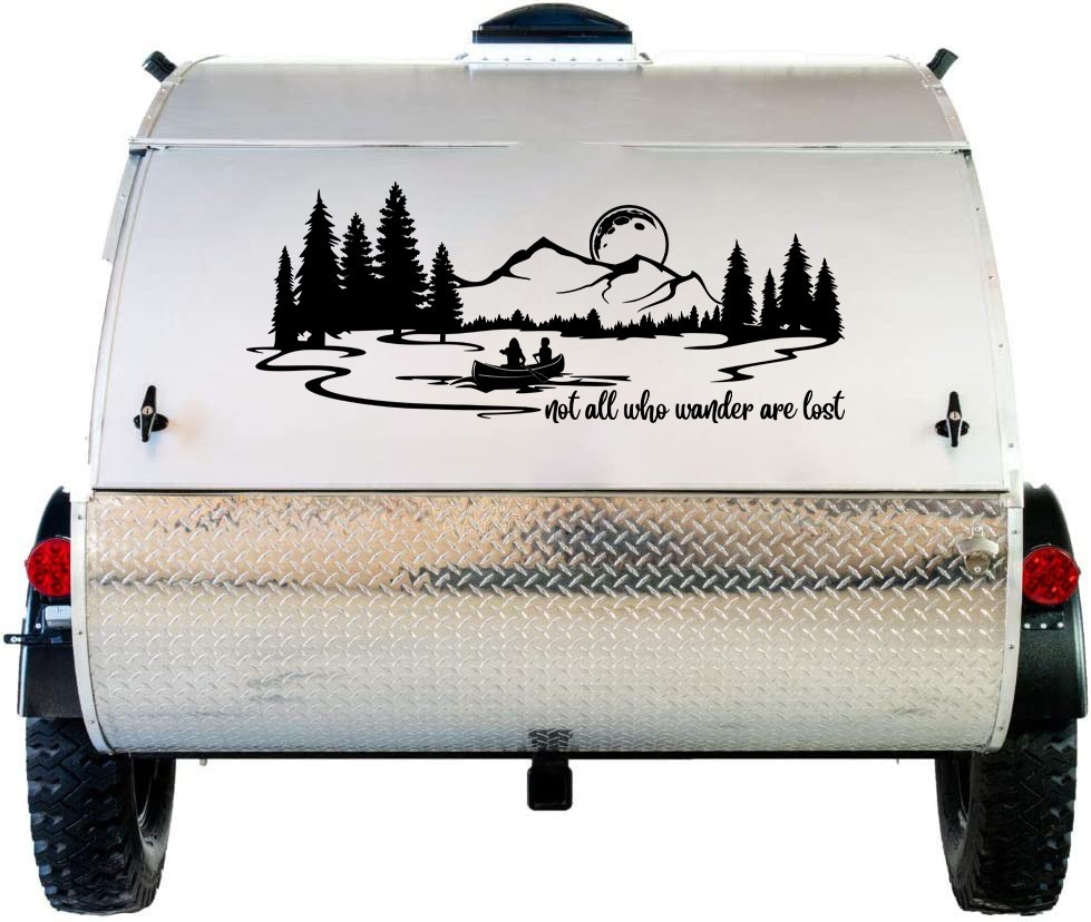 Canoe Lake Moon Mountain Not All Who Wander Are Lost Scene Vinyl Decal Sticker