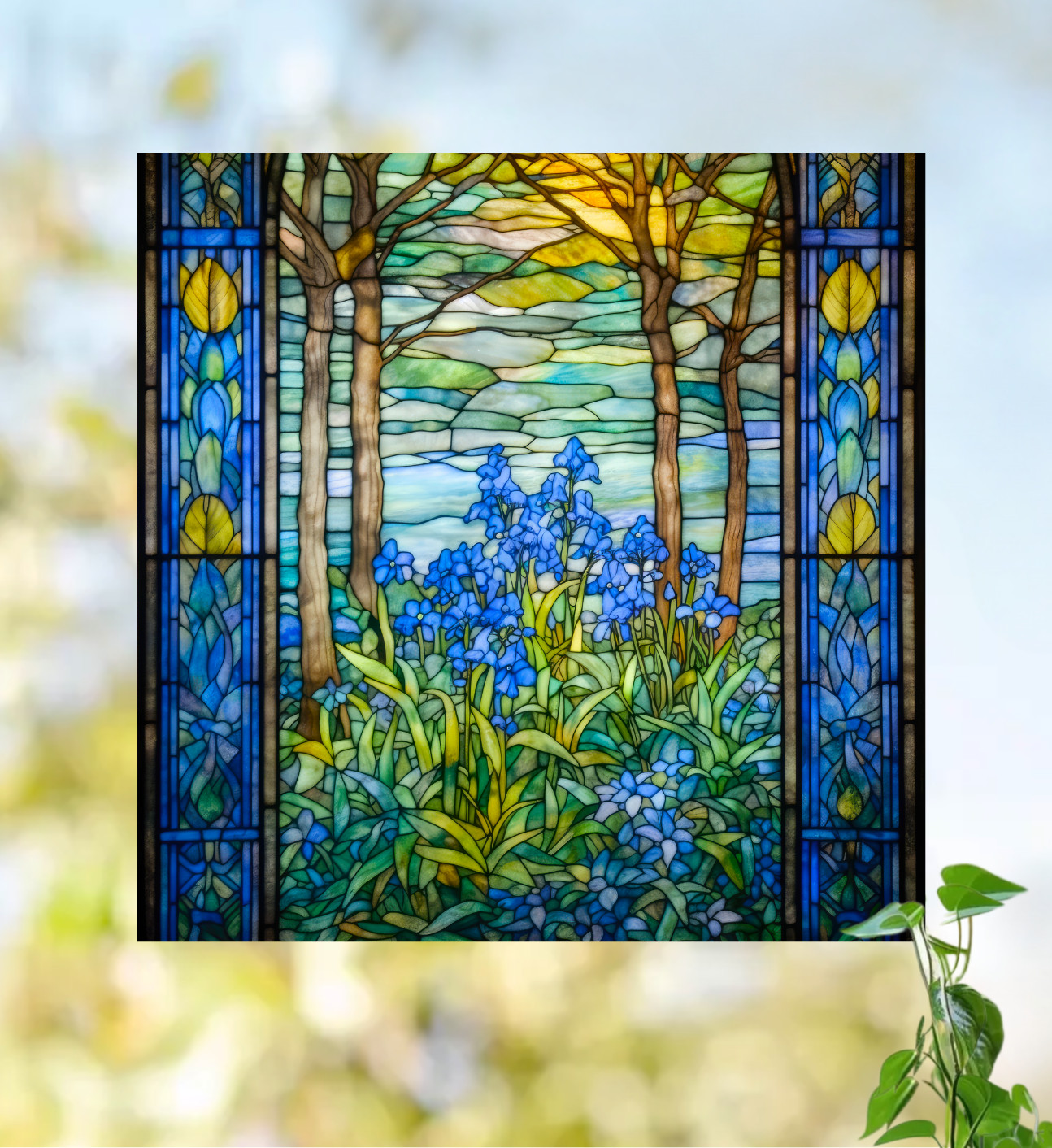 Bluebell Flowers Faux Stained-Glass WINDOW CLING Size 8″ Square Vinyl