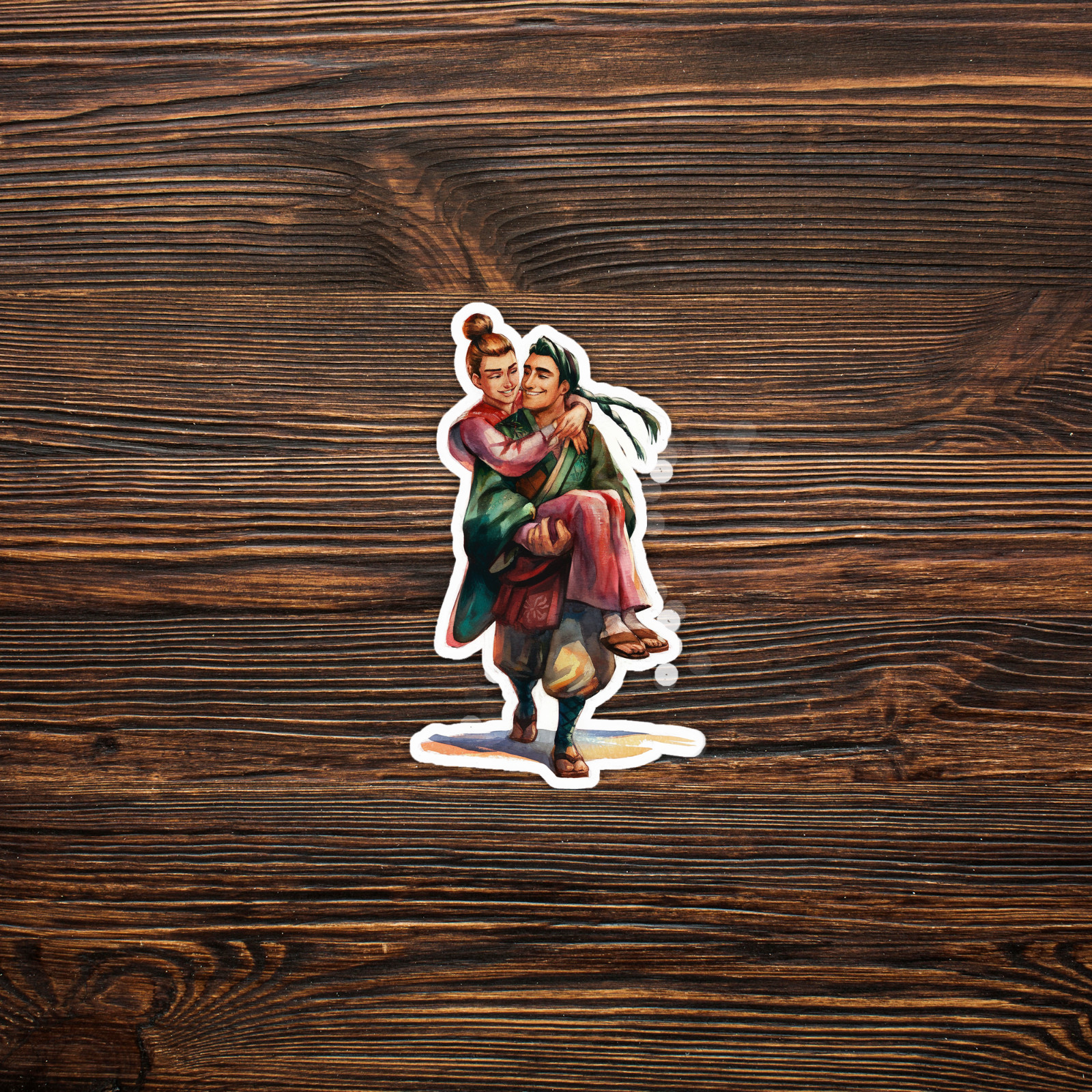 Watercolor Sticker of Happy Couple Embracing in Traditional Korean Clothing #401