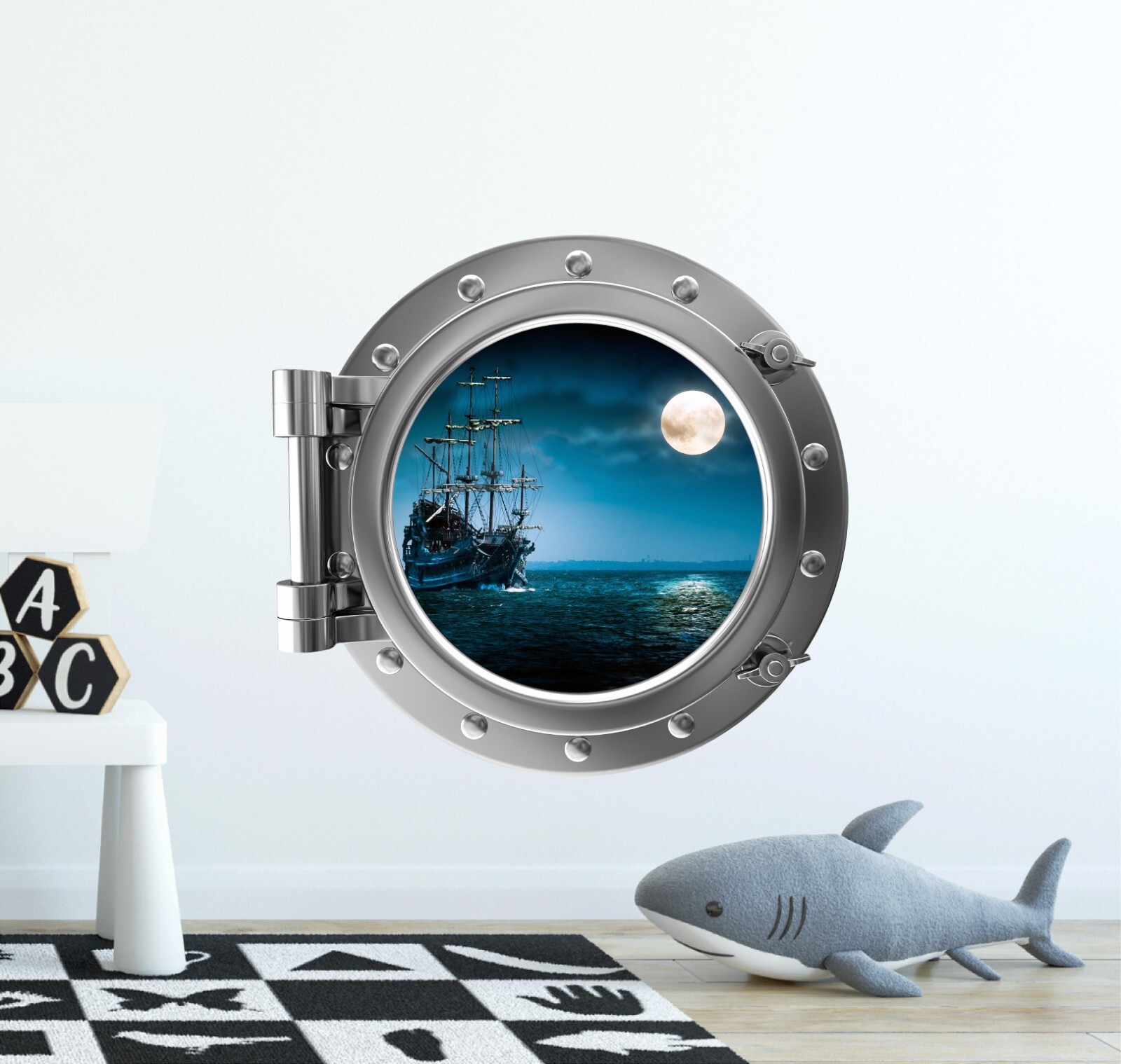 Pirate Ship In Moonlight Sea Porthole Window Wall Sticker Fabric Wall Decal