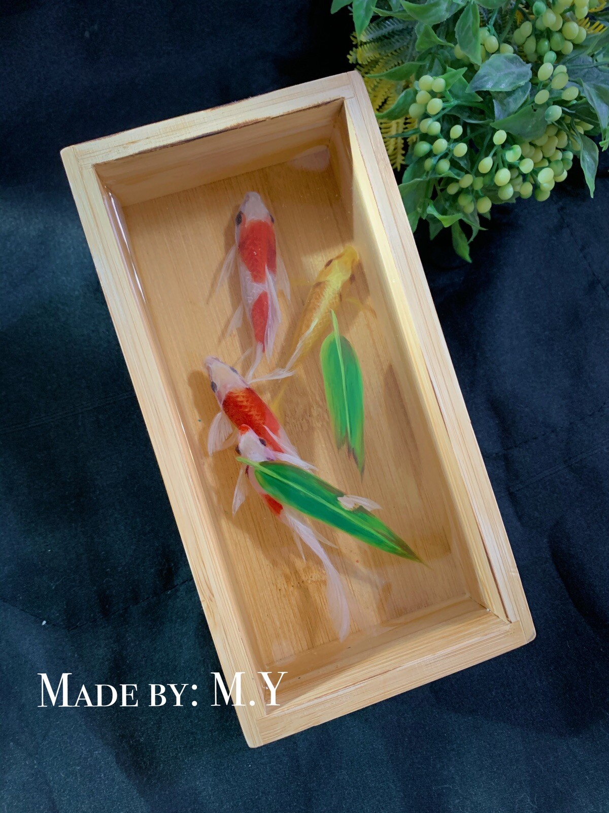 Hand Painting Resin Fish Art, Kois With Bamboo Leaves.3D Art