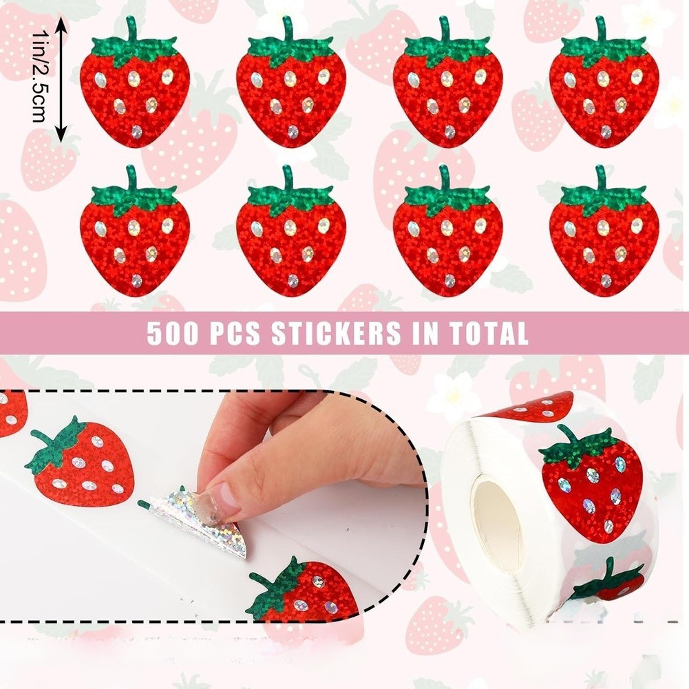 500 Pcs Strawberry Shaped Holographic Labels Coated Paper for Various Uses