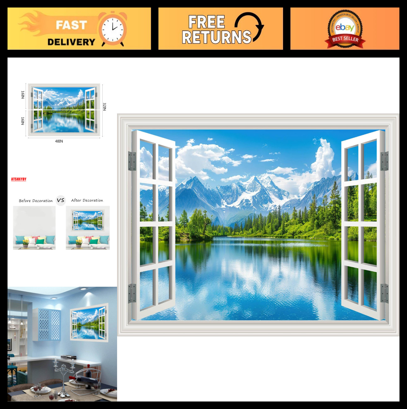 Mountain Lake Forest Faux Window Wall Mural Sticker – Peel & Stick Art Decor (48