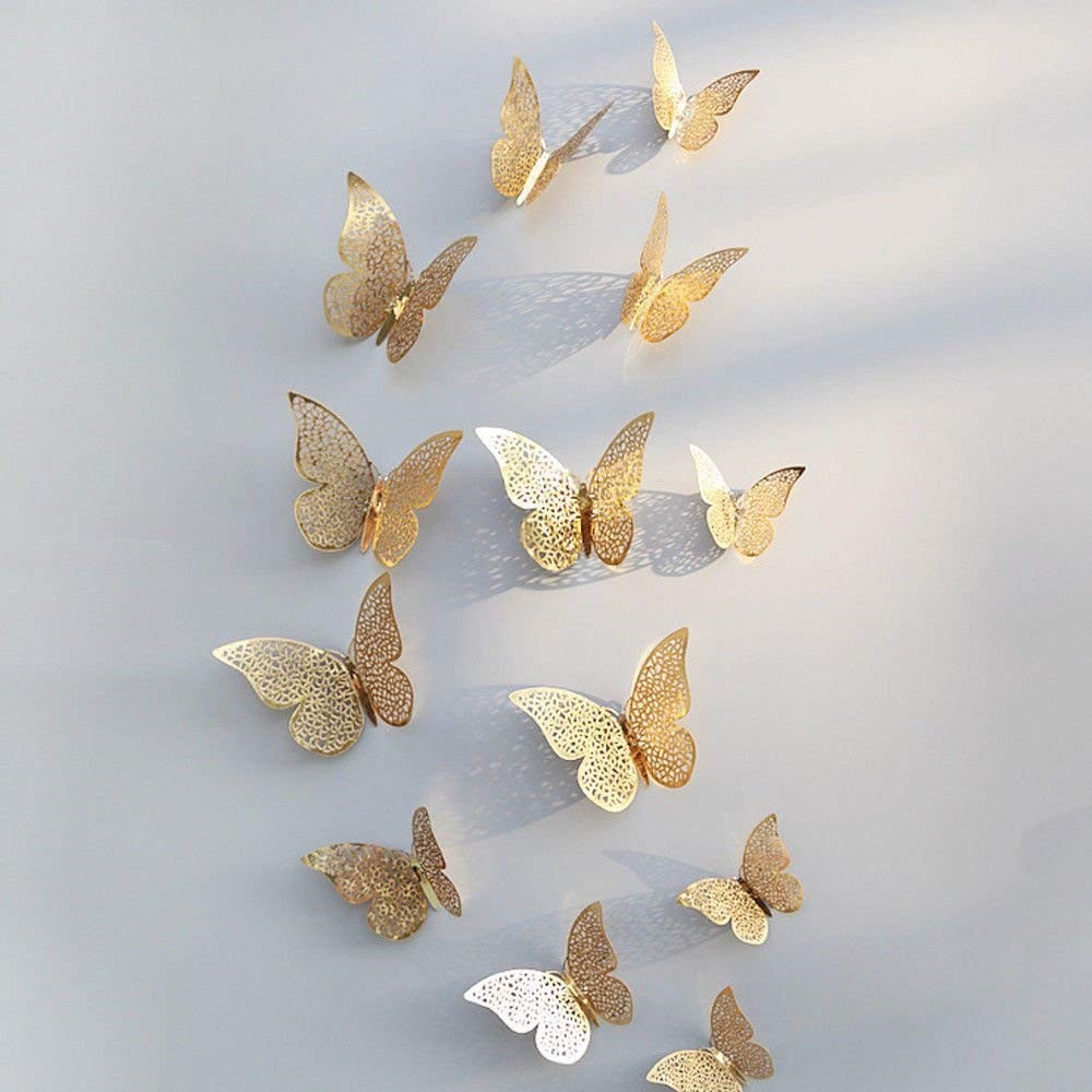 12pcs 3D Butterfly Wall Stickers – Golden Shimmer Home Decor Decals for Bedroom