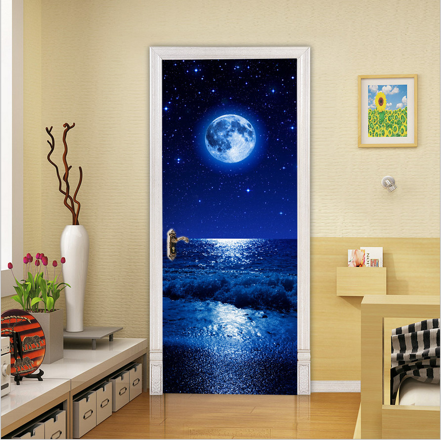3D Wall Art Starry Sky Moon View Door Sticker PVC Decal Self-adhesive Wrap Mural