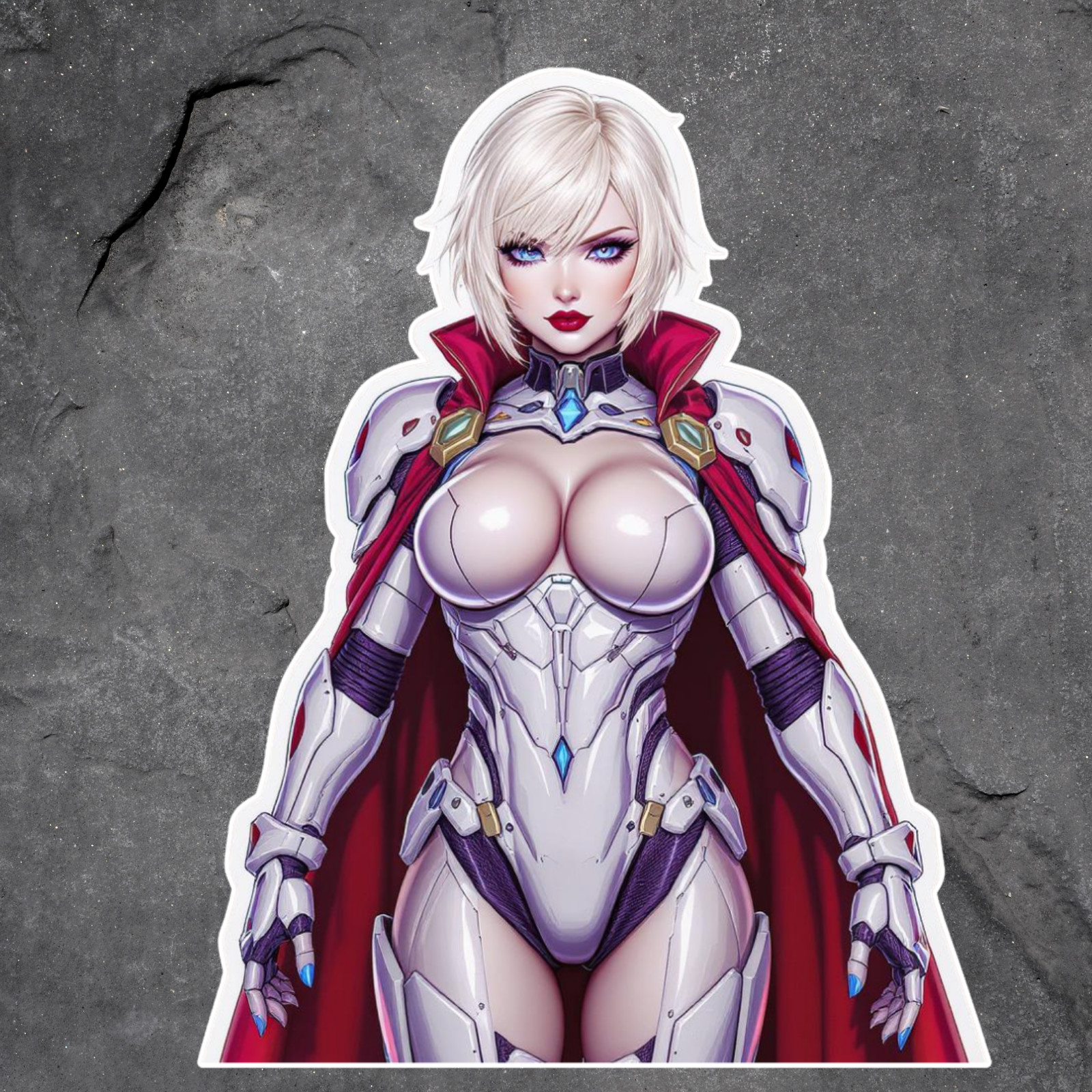 Pinup girl sticker vinyl decal white haired sci fi armor red cape sexy cosplay