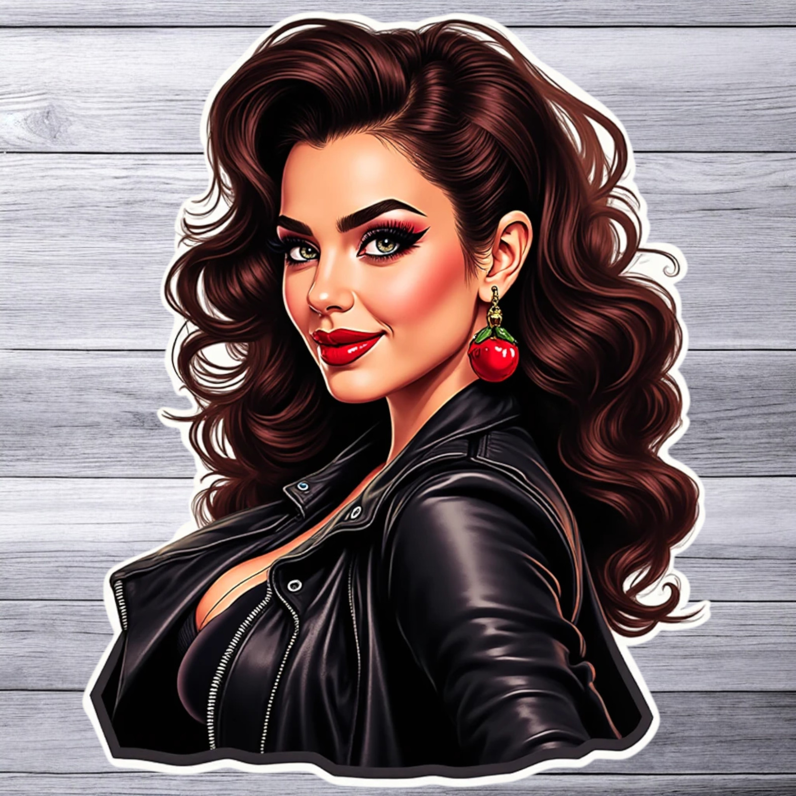 Pinup girl sticker vinyl decal brunette cherry earrings black leather jacket art