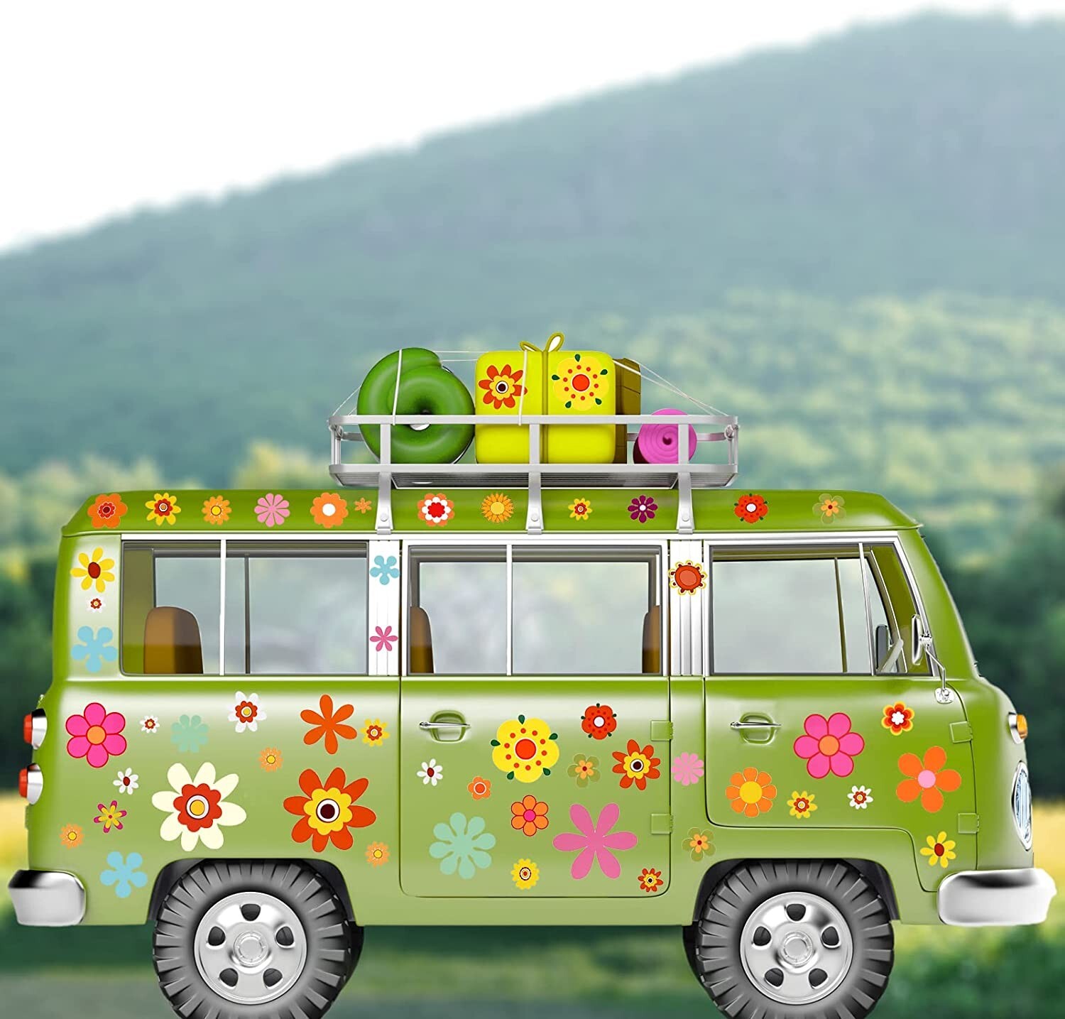 135 Pieces Car Flower Stickers Multicolored Daisy Flowers Hippie Retro Decals