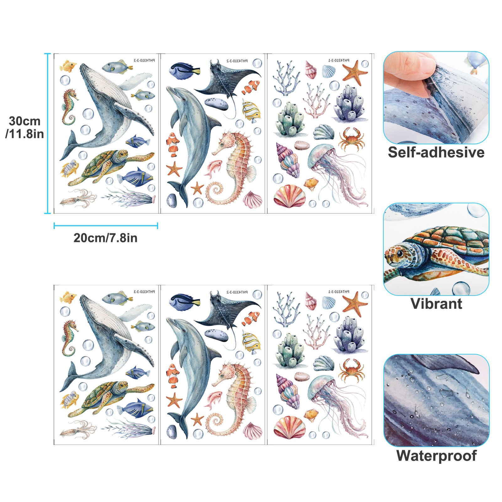 2PCS Marine Life Wall Stickers Removable PVC Ocean Decals Wall Art for Home Deco