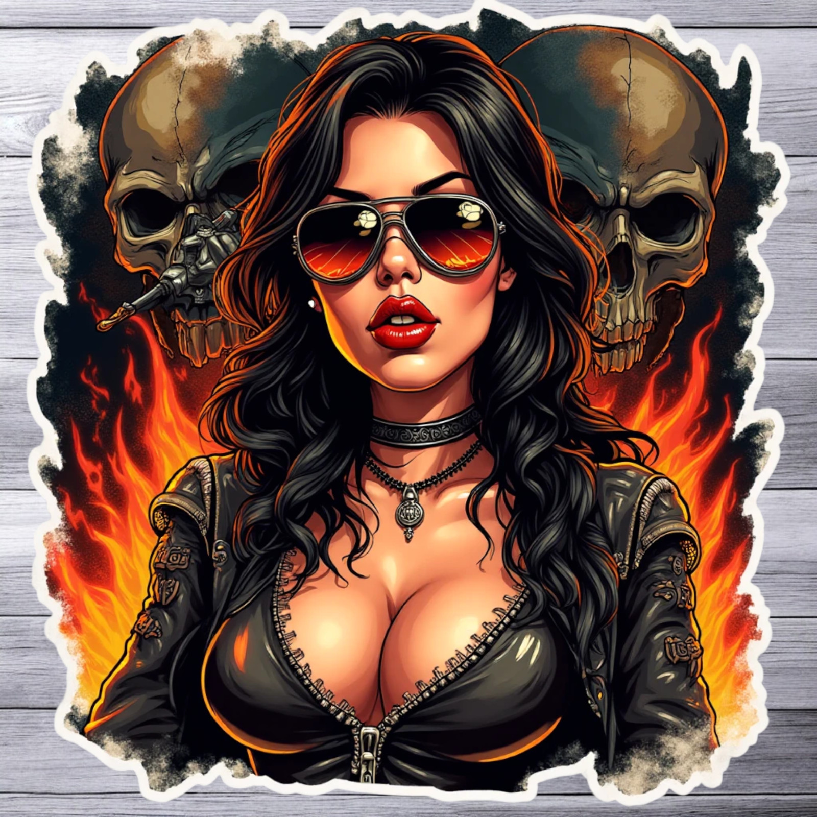 Pinup girl sticker vinyl decal skulls flames leather jacket biker gothic girl