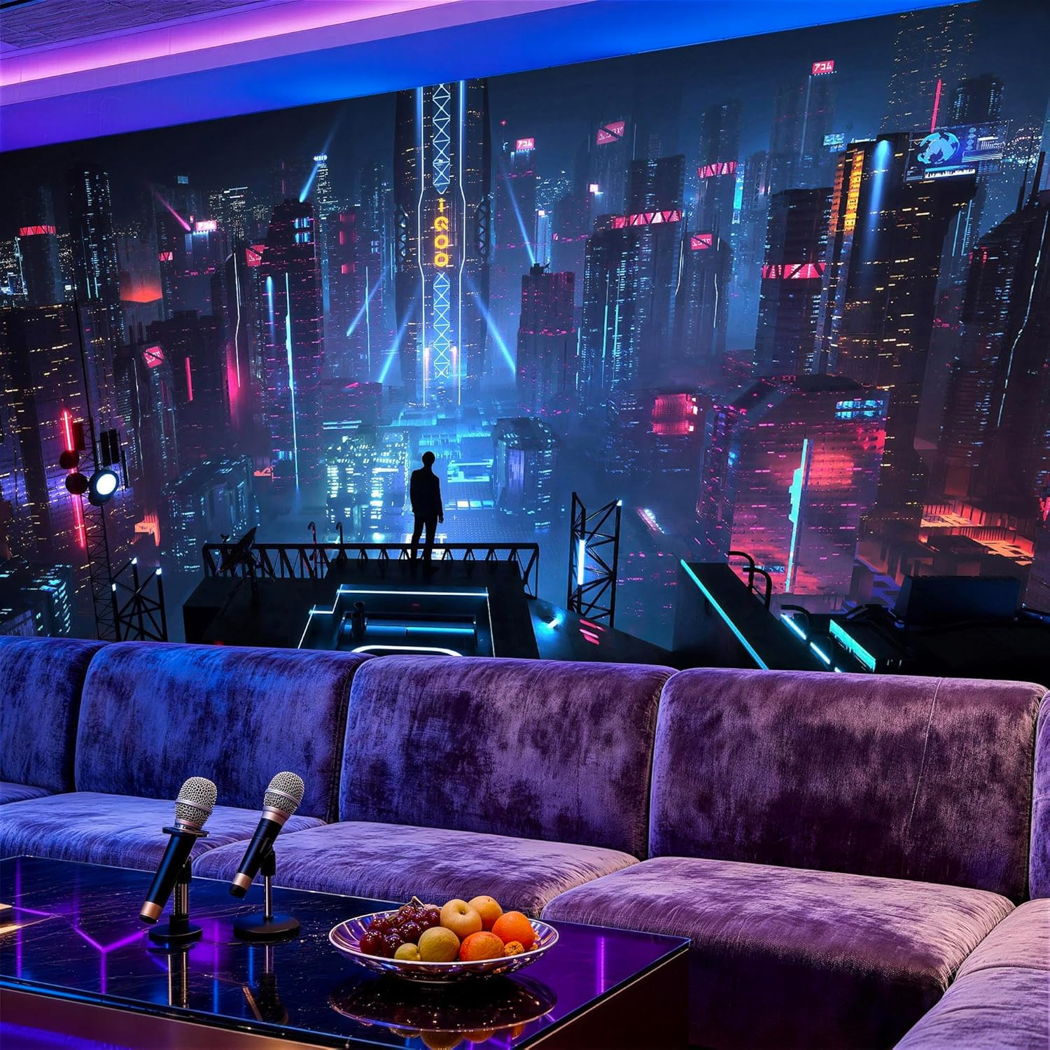 Cyberpunk Neon City Peel and Stick KTV Wall Mural, Removable Party Glow Decor fo