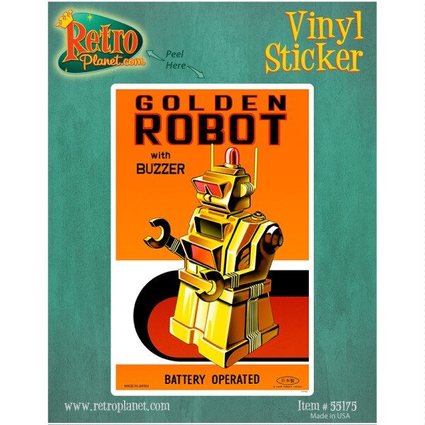 Golden Robot Vinyl Sticker Glossy Vintage Style Toy Bumper Laptop Decal 3 x 4.6