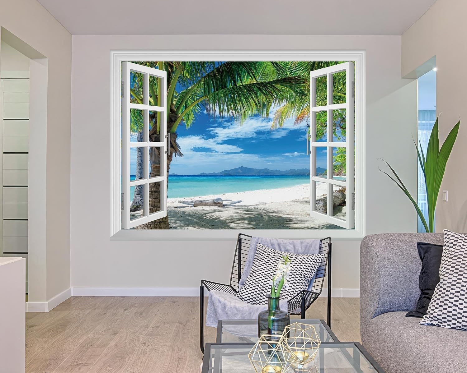 Fake Window Wall Mural – Beach Palm Trees Faux Win