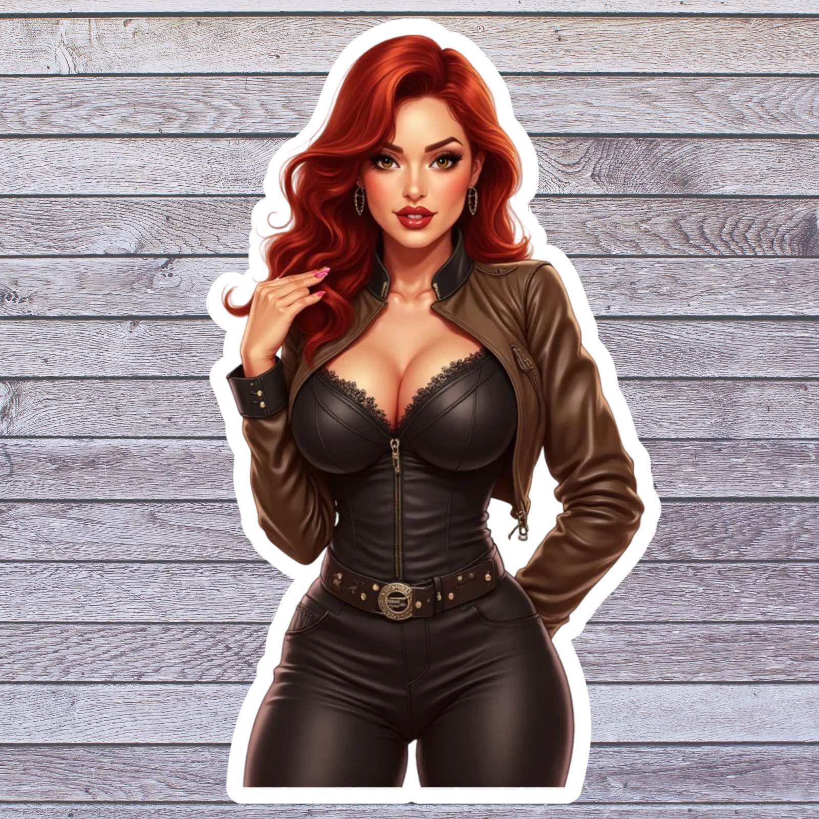 Pinup girl sticker vinyl decal redhead biker curvy thick leather body suit