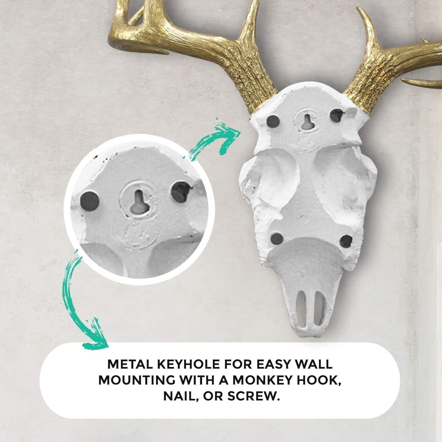21″ Faux Deer Skull Wall Decor White Gold Antler Handmade Farmhouse Art