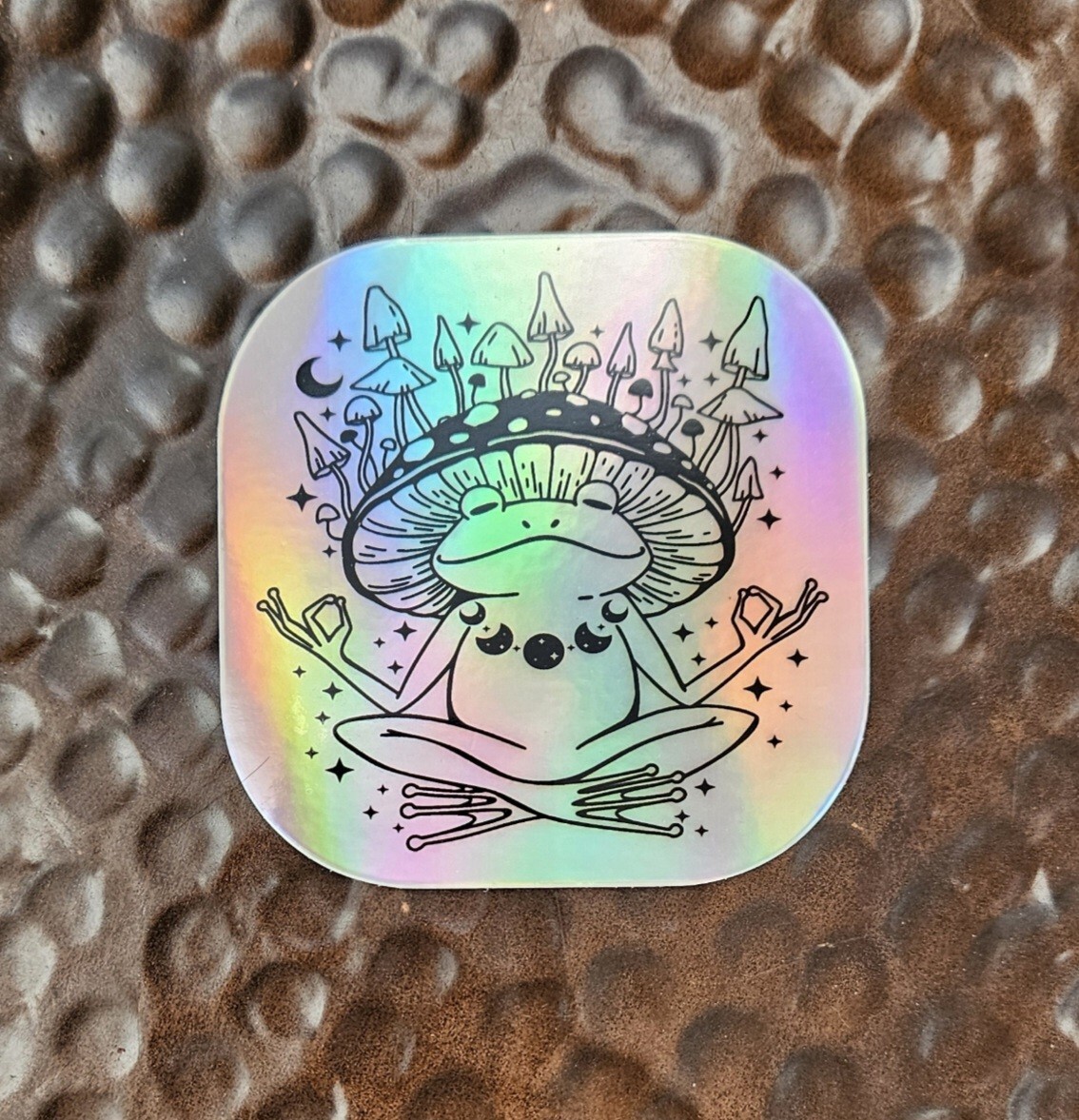 MEDITATING FROG W/MAGIC MUSHROOMS HAT Holographic Sticker Vinyl Uv RESISTANT 3″