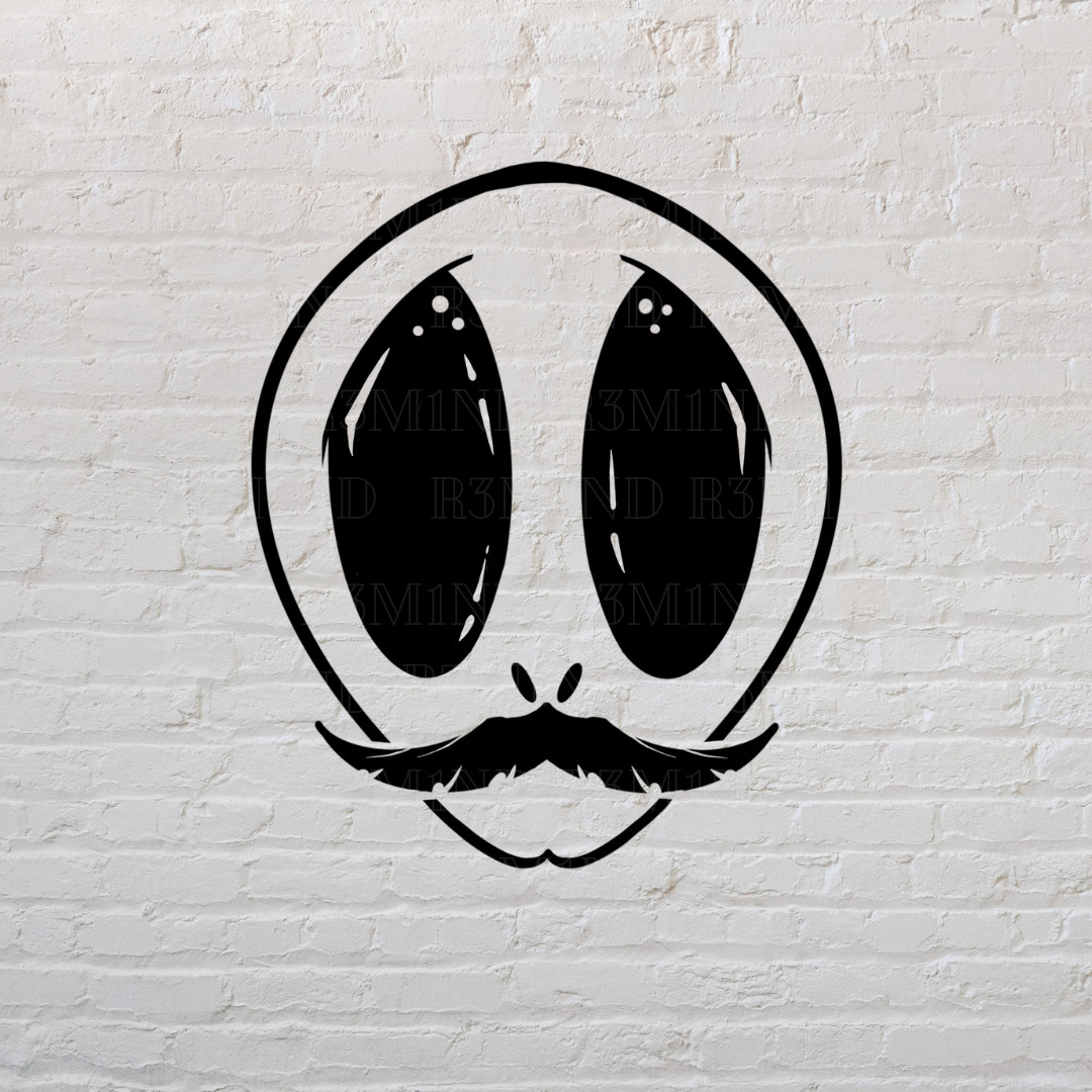 Alien w/ Mustache Window Decal | White/Black | Premium Quality | 5″ x 4″