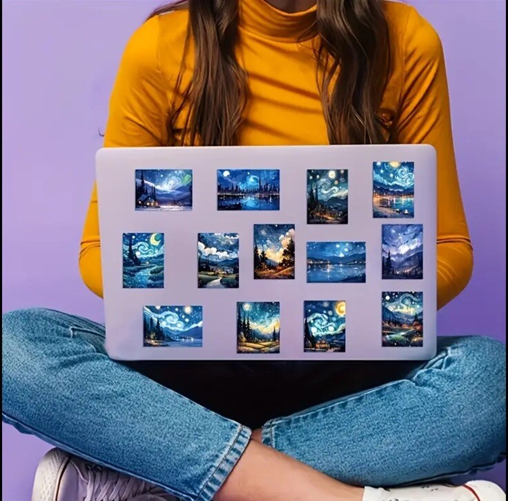 Van Gogh Starry Night Oil Painting Stickers 50pcs Crafts, Laptop, Scrapbooking