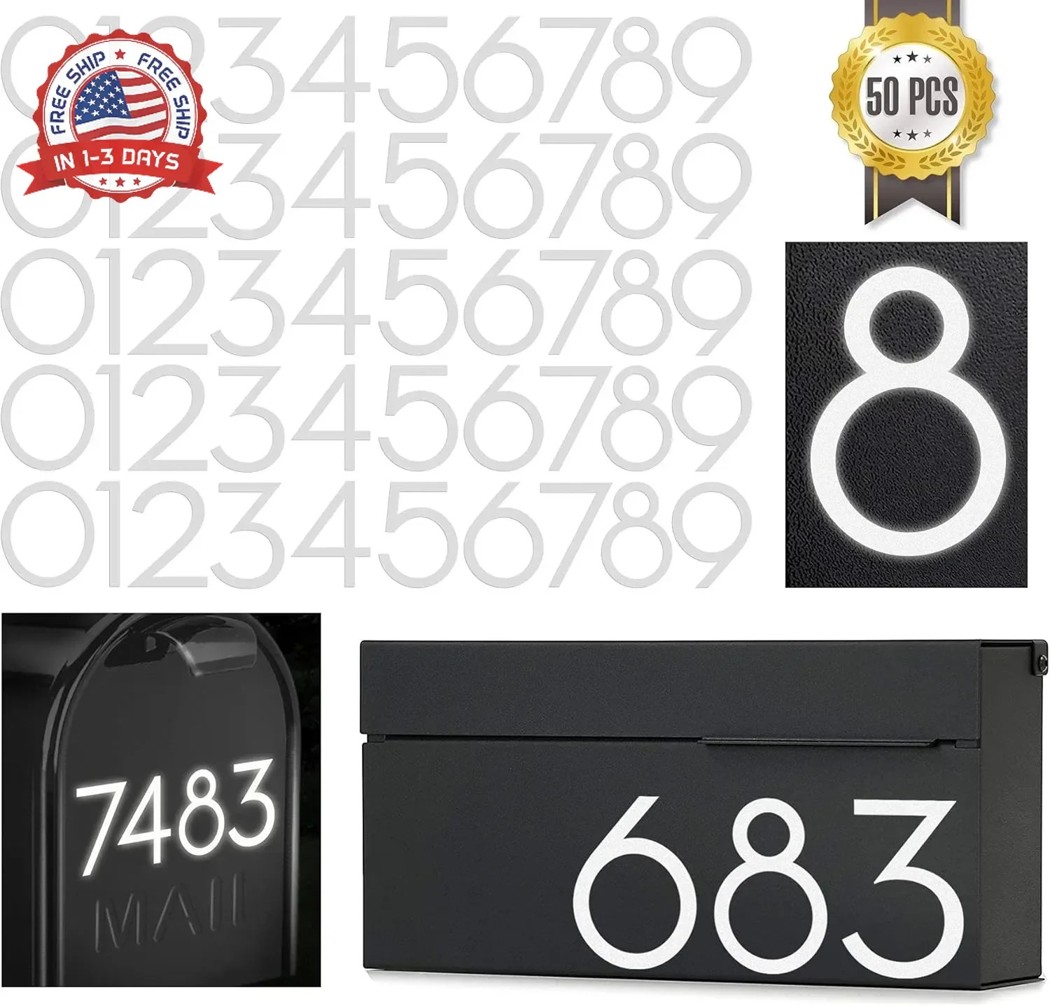 2 inch Reflective Mailbox Numbers Sticker (0-9, 5 Sets) Modern Number Vinyl Wate
