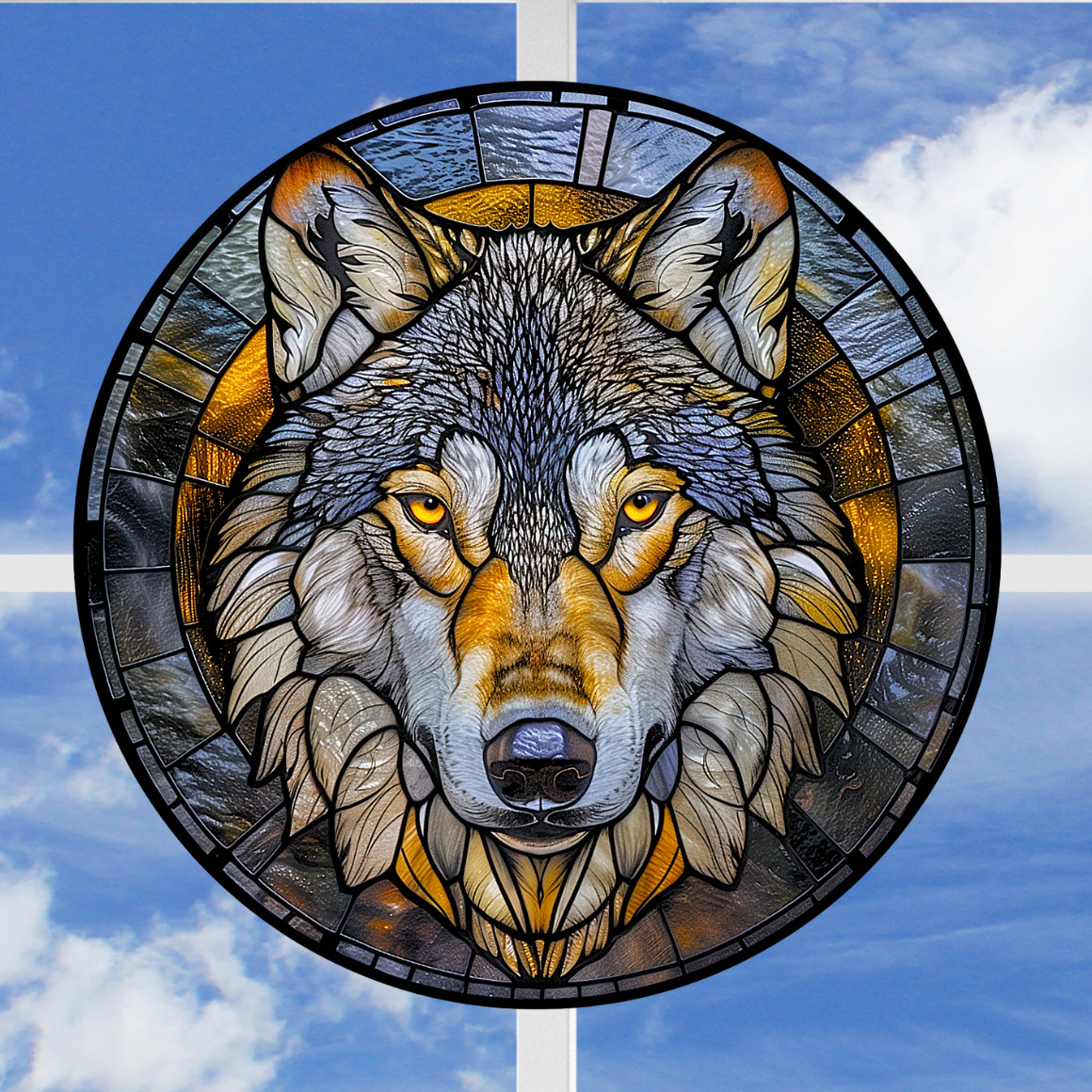 Wolf Faux Stained-Glass WINDOW CLING Sun-catcher Size 8″ Round Vinyl