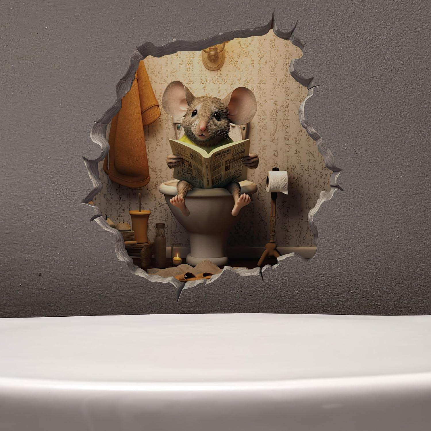 Mouse Sitting on Toilet in Mouse Hole Decal – Mouse Hole Sticker with 3D Effect