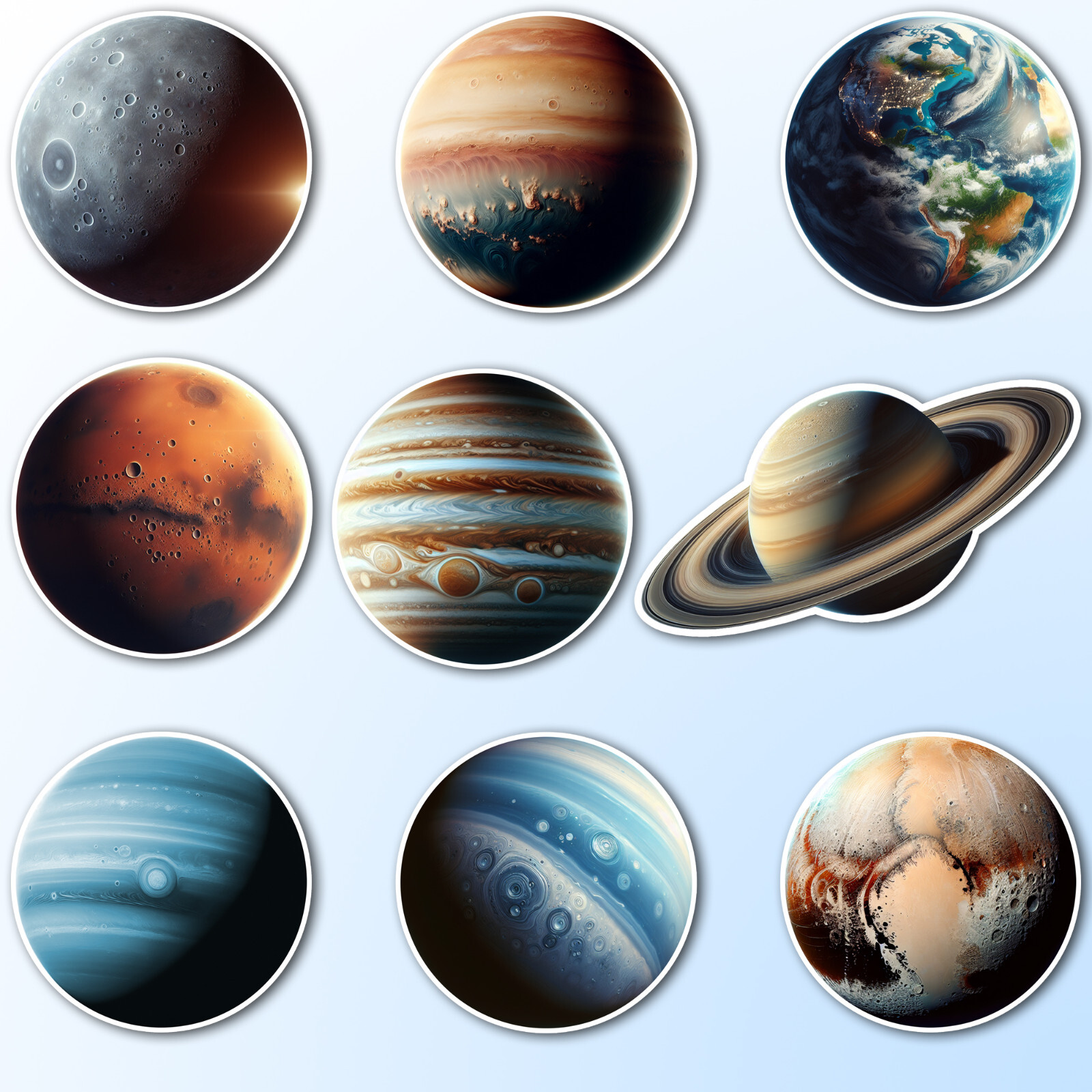 Solar System Planets Vinyl Die Cut Stickers 2″ Diameter Earth Mars etc.
