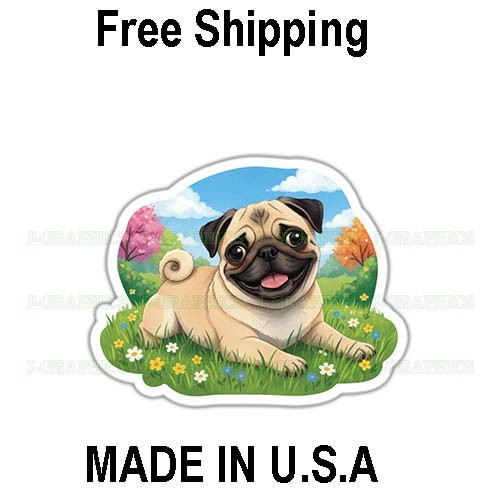 Pug Dog Grass Vinyl Playful Decal Sticker Cute Pet Puppy A