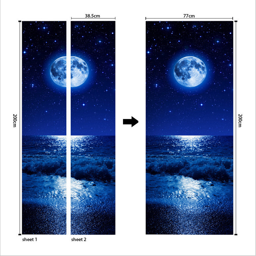 3D Wall Art Starry Sky Moon View Door Sticker PVC Decal Self-adhesive Wrap Mural