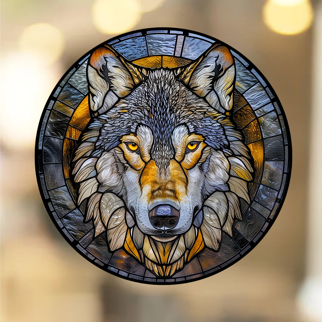 Wolf Faux Stained-Glass WINDOW CLING Sun-catcher Size 8″ Round Vinyl
