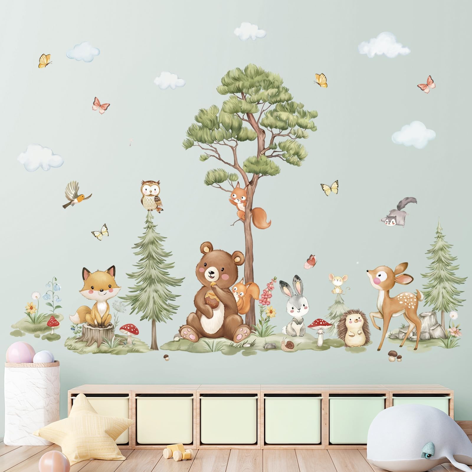 Woodland Animals Wall Stickers Large Pine Tree Forest Bear Deer Fox Peel and …