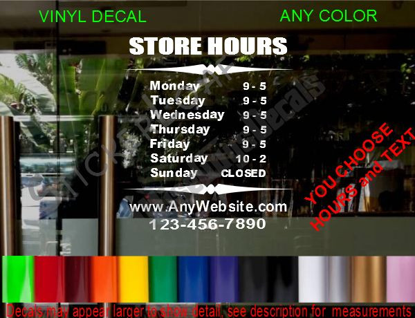 CUSTOM Store Hours Door DECAL Sign law firm medical office book library boutique