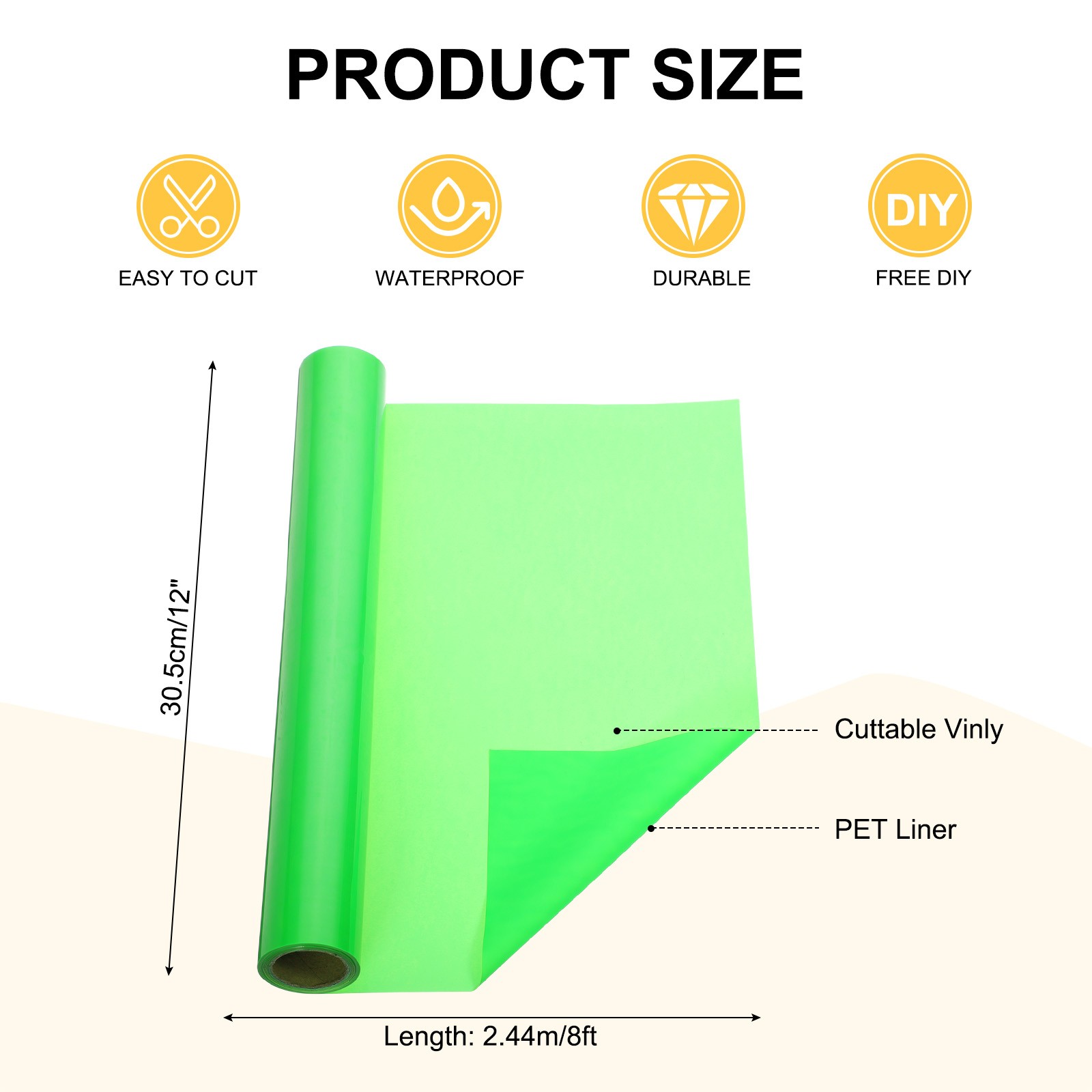 Fluorescent Green Permanent Vinyl, 12 Inch x 8ft Vinyl Roll