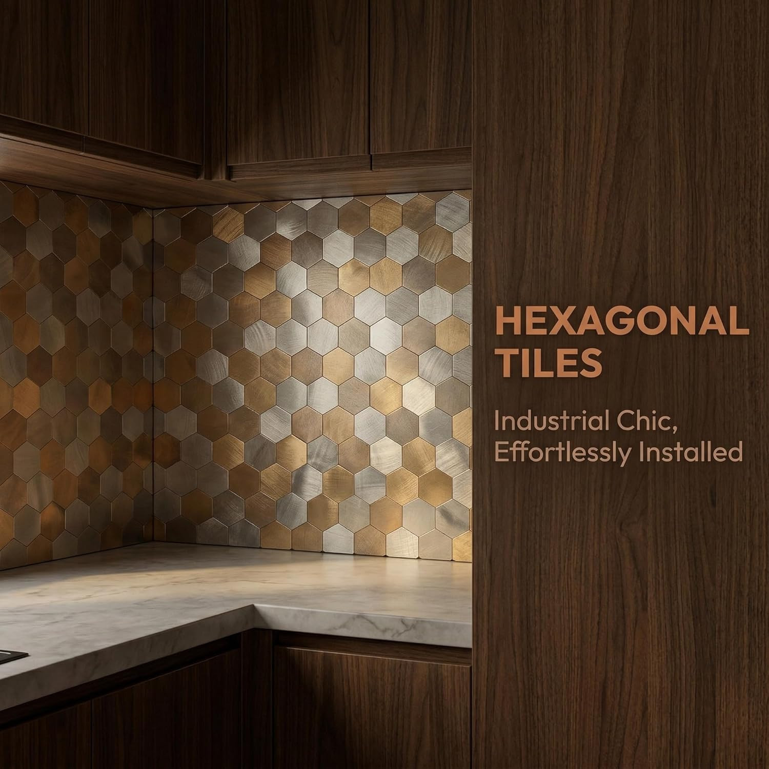 10Pcs Copper Hexagon Mosaic Wall Stickers, Waterproof & Self-Adhesive Decor