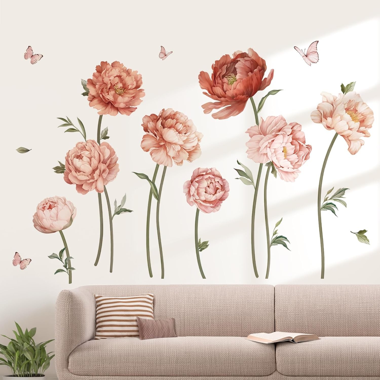 wondever Pink Peony Rose Flower Wall Stickers Boho Floral Peel and Stick