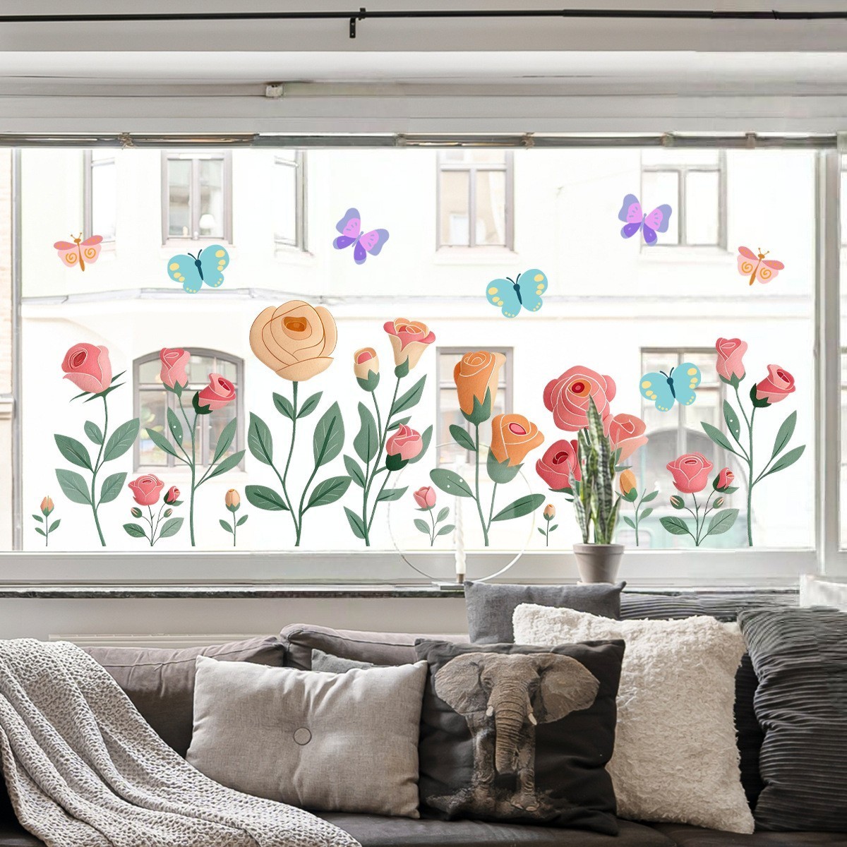 90x30cm Rose Butterfly Window Clings PVC Decals for Living Room Bedroom