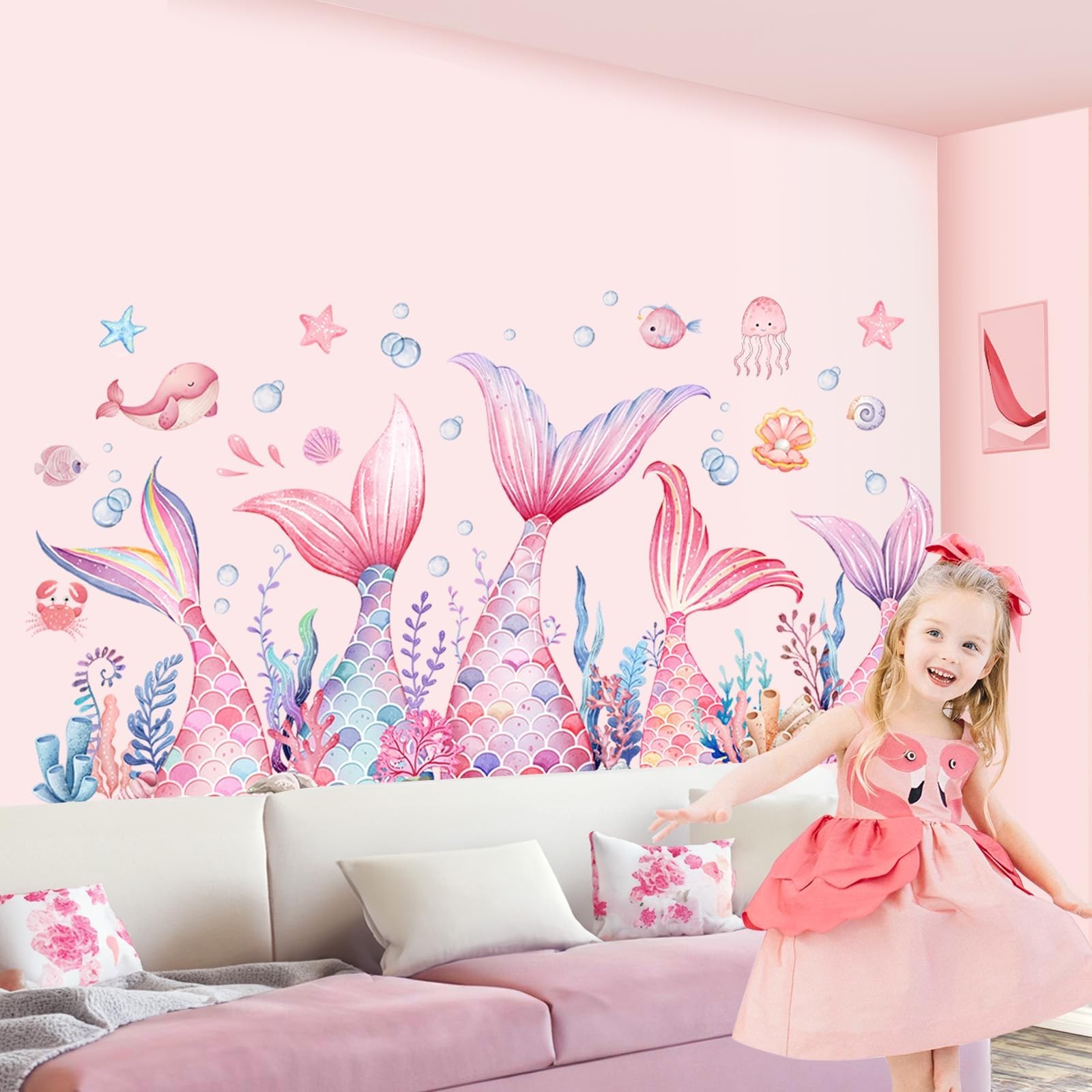 Mermaid Wall Stickers for Girls, Pink