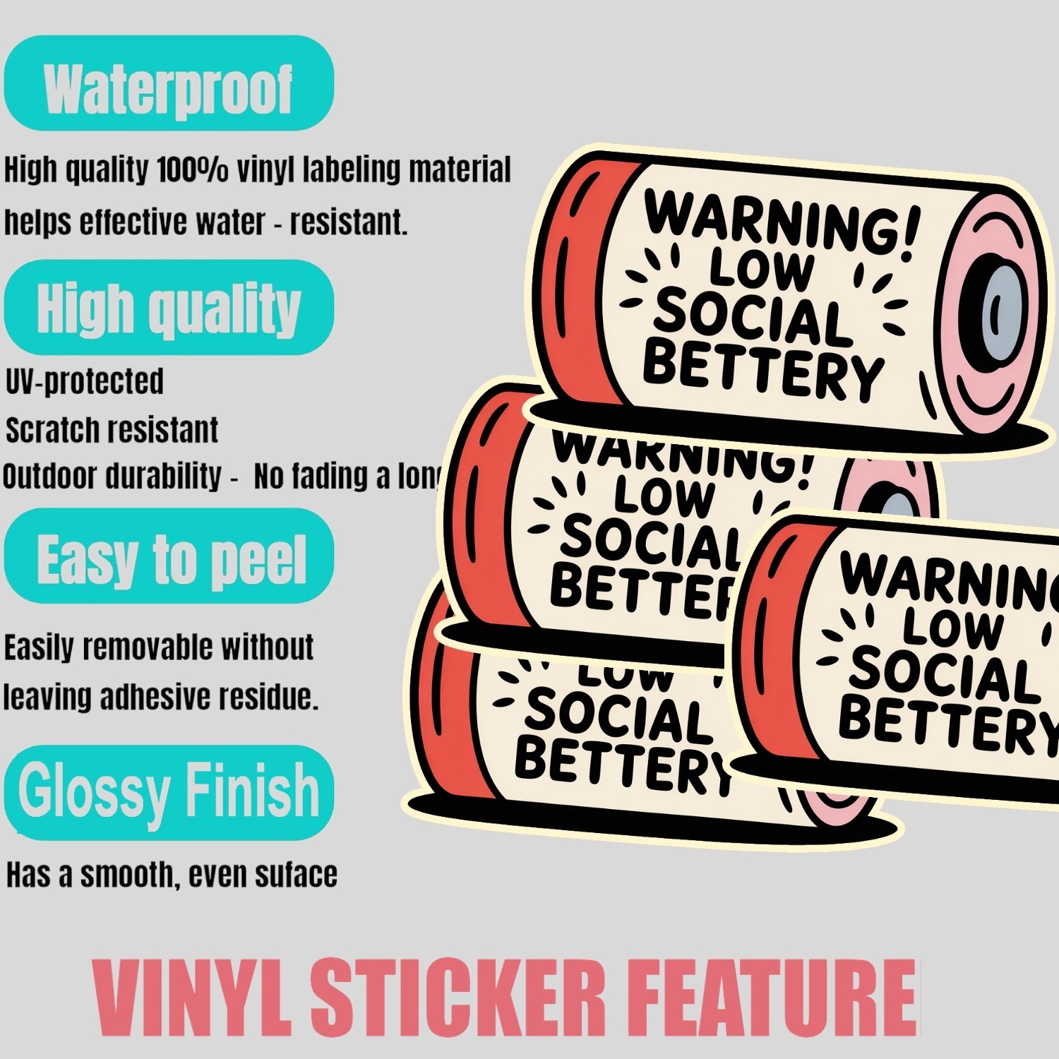 Funny Introvert Stickers: Low Social Battery Quote – 4-Pack