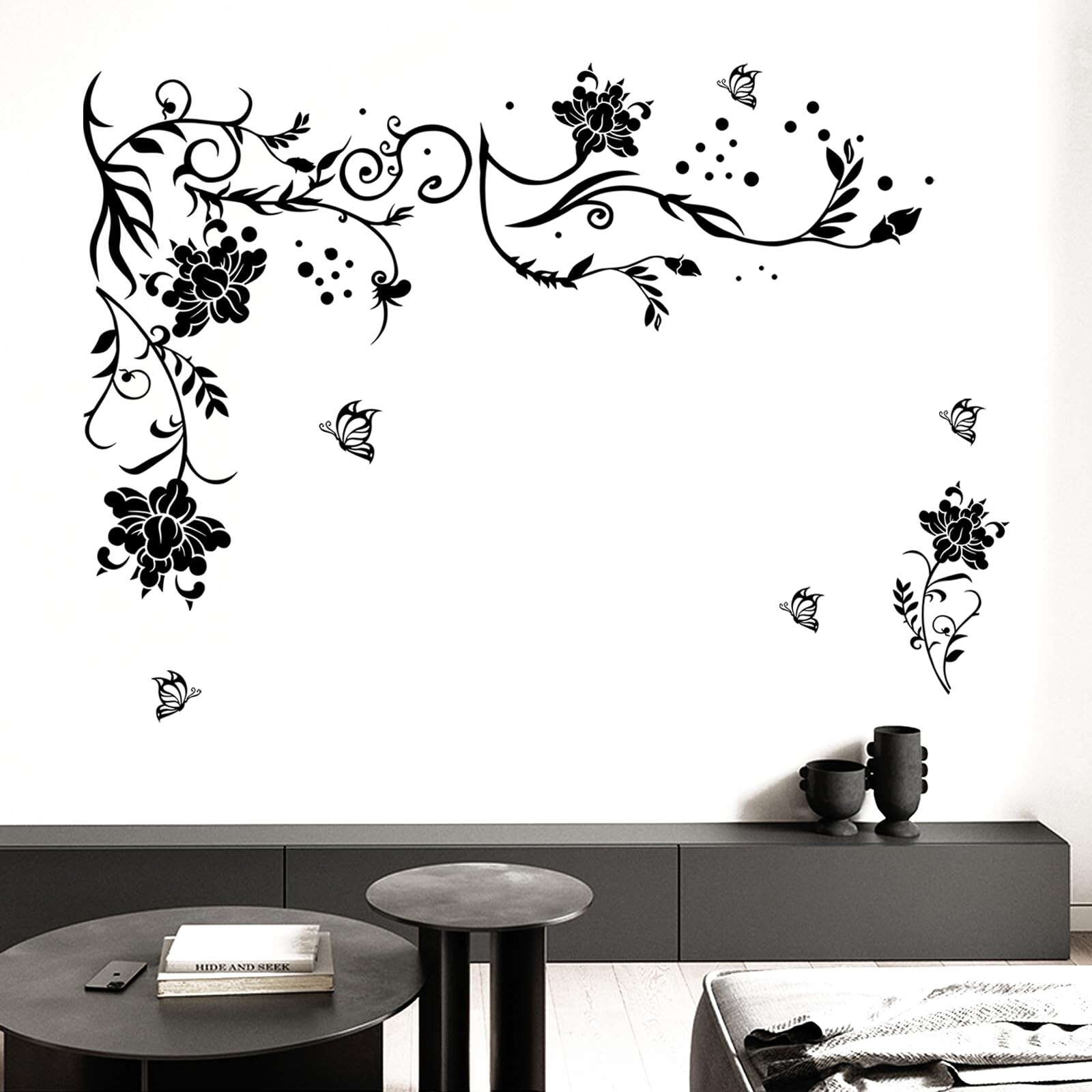 Supzone Flowers Vine Wall Decals Black Flower Wall Stickers Butterfly Floral …