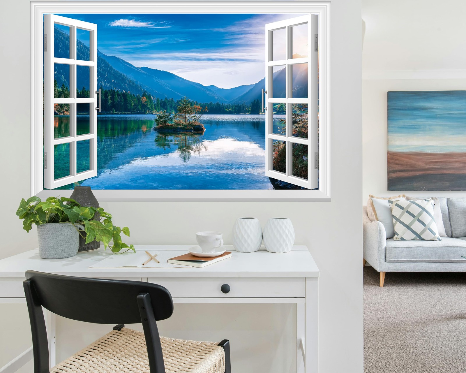 Fake Window Wall Mural – Mountain Lake Faux Window Wall Sticker for Wall Deco…