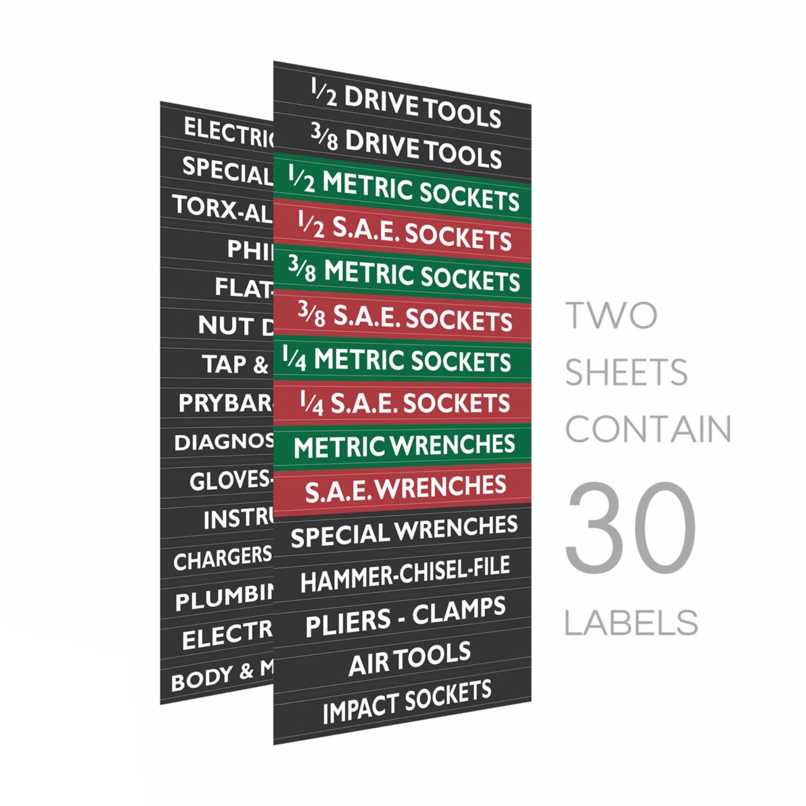 2 TOOL BOX LABELS Organize Wrenches Sockets & Cabinets fast & easy Green Edition