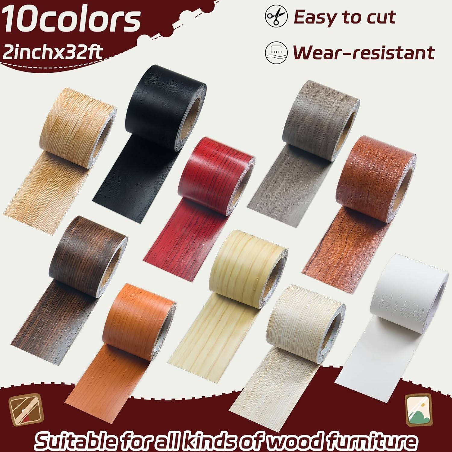 Self-Adhesive Wood Repair Tape, 2 Inch X 32 Ft Gray Wood Grain Tape for Furni…