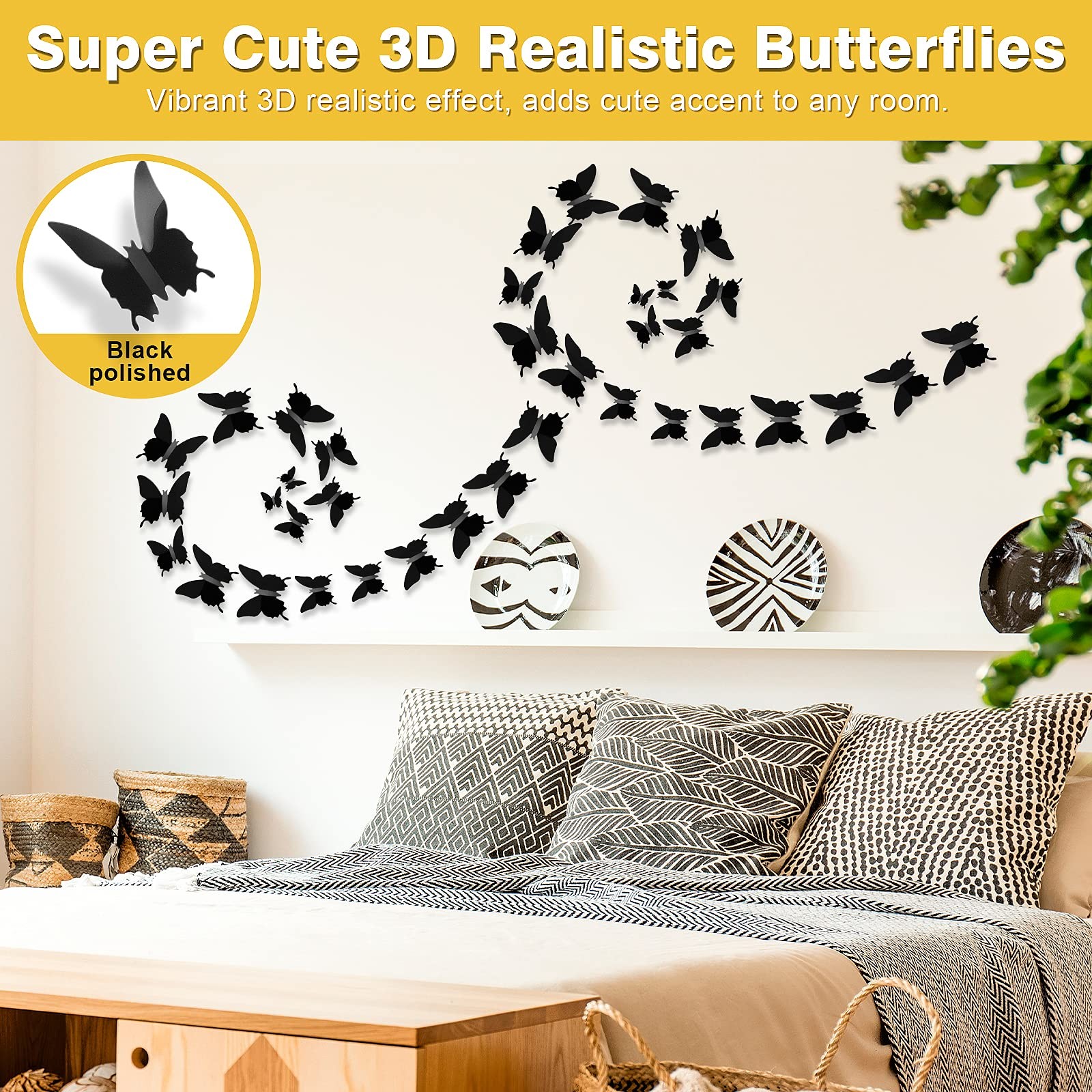 Ryangic 3D Butterfly Wall Decor 48pcs Black Polished Stickers 3 Sizes